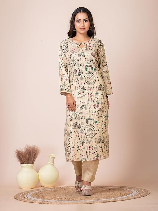 Women's Cotton Blend Warli Design Kurti